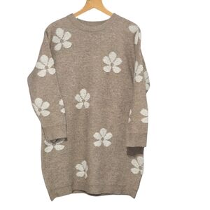Dreamers by Debut Beige Floral Sweater Dress Tunic Soft Knit Size Small